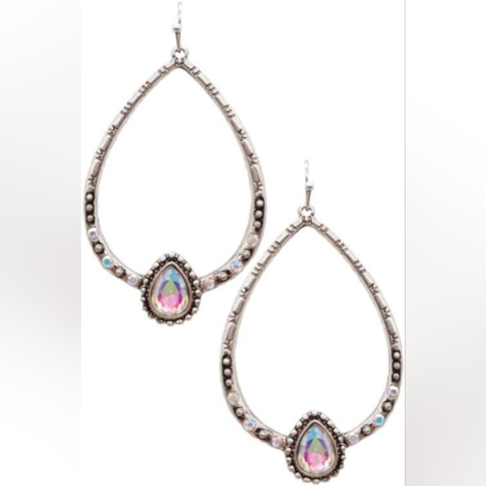 Burnished Silver Teardrop Earrings NWT AB Rhinestone Western Boho Womens Jewelry